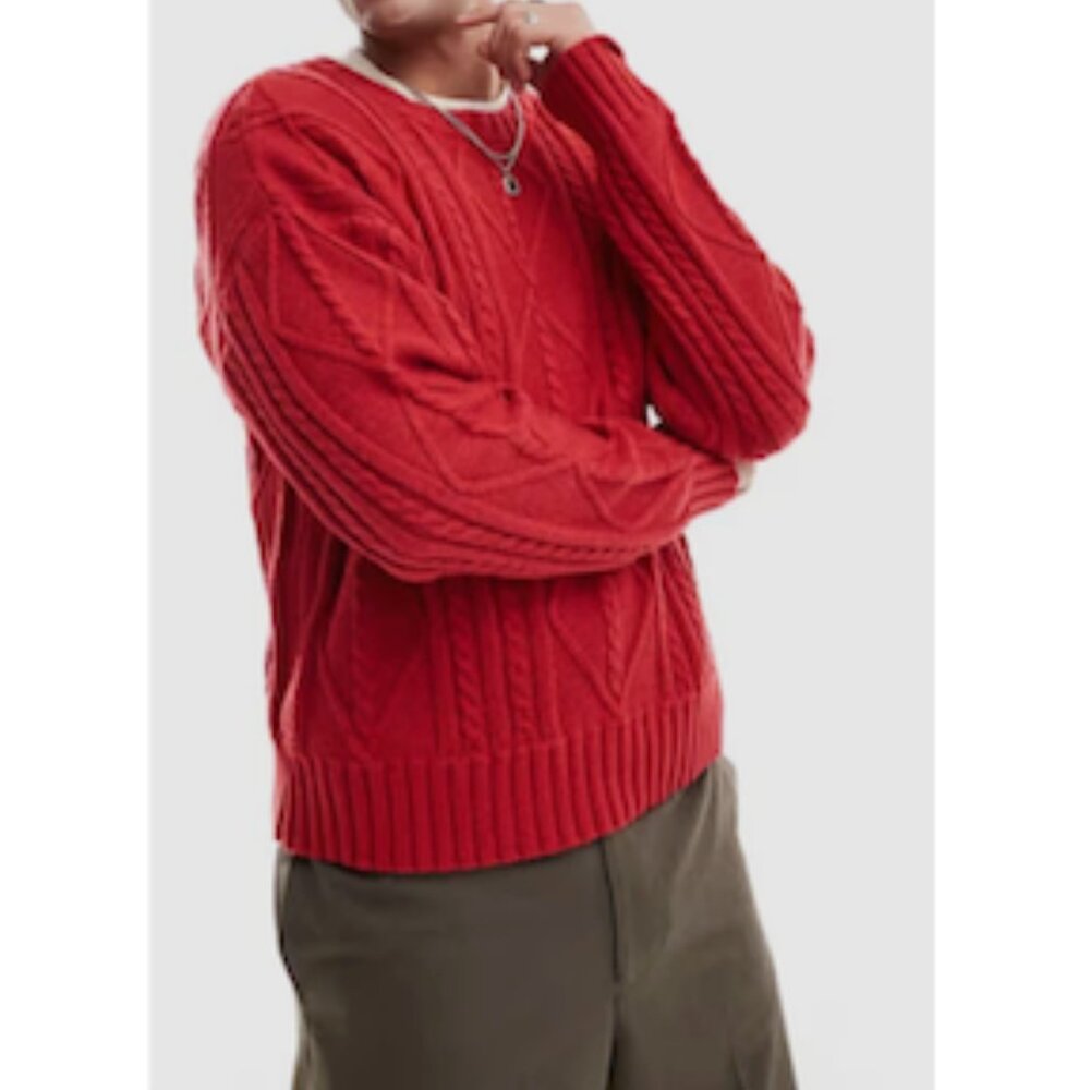 Cotton On Cable Knit Crew Men Red Cable Sweater Size S